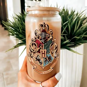 Wizard School Crest Glass Tumbler 16oz, Magic House Emblem Iced Coffee Cup with Lid Straw, Hogwarts Inspired Mug for Movie Fans, High-Quality Drinking Tumbler for Iced Coffee, Beer & Soda,Perfect gift for coffee lover,mom,family