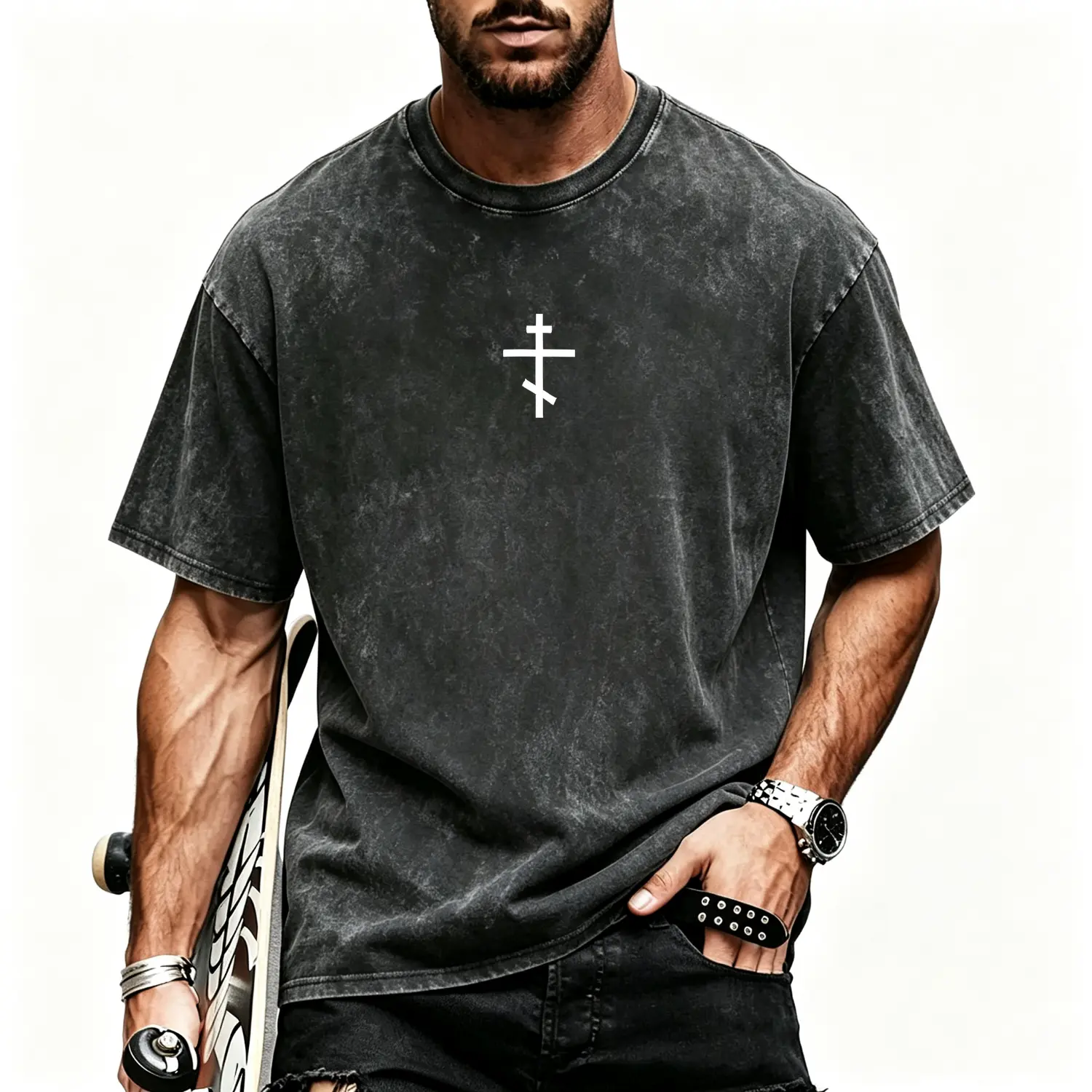 Men's Washed Cotton Oversized T-Shirt, Orthodox 3-Bar Cross Chest Print, Acid Wash Finish, Minimalist Thin Lines, Eastern Faith Vintage Casual Subtle Graphic Top