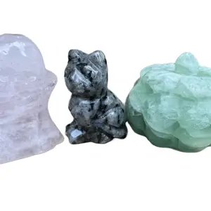 Karavana Halloween Crystal Healing Garden - Love & Manifestation - Rose Quartz Ghost Larvikite Cat Green Fluorite Pumpkin.  Crystal Home Decorative Accent