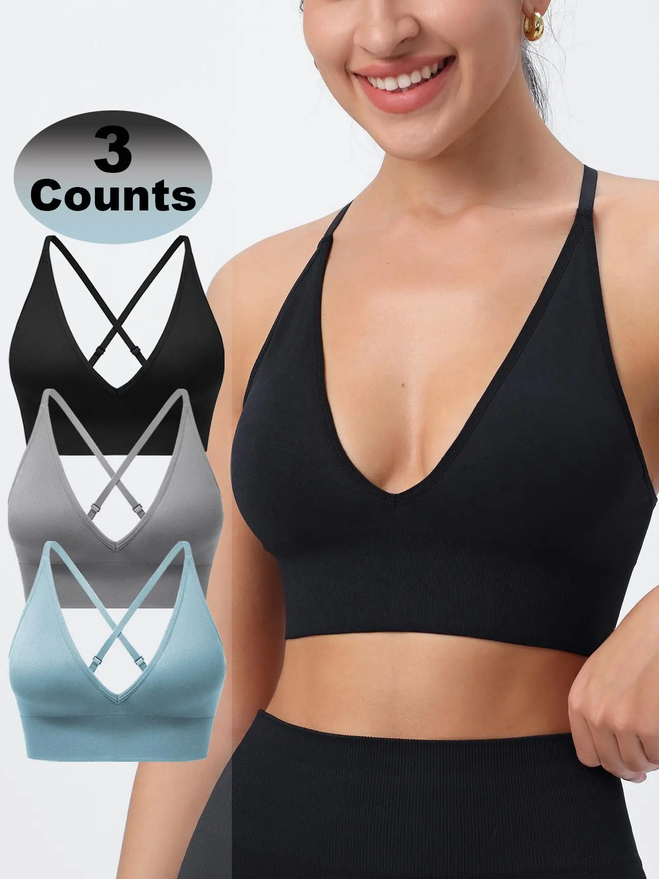 Women's Solid Criss Cross Wireless Sports Bra, Adjustable Shoulder Straps with Detachable Chest Pad, Sports Bra for Women, Activewear, Athletic Workou