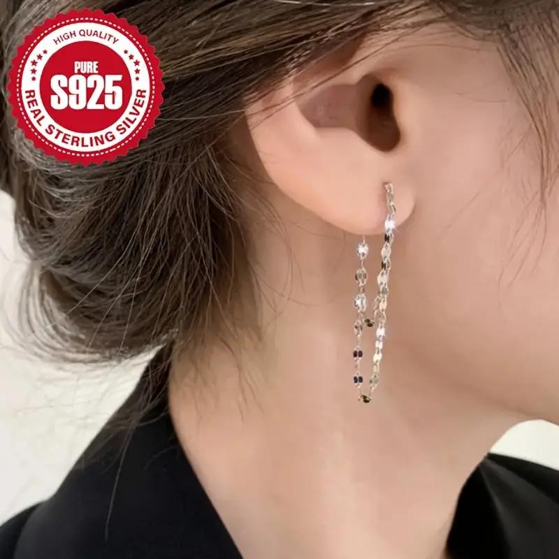 Elegant 925 Sterling Silver Double Layer Chain Earrings for Women, Dazzling Hypoallergenic Bling Design, Versatile Fashion Accessory