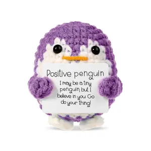 Handmade Crochet Tiny Penguin Stuffed Animal with Cheer Up Card, Knitted Cute Cat Doll for Desk Decor, Perfect Gift for Girls, Ideal for Christmas & Birthdays, Soft Stuffed Animals