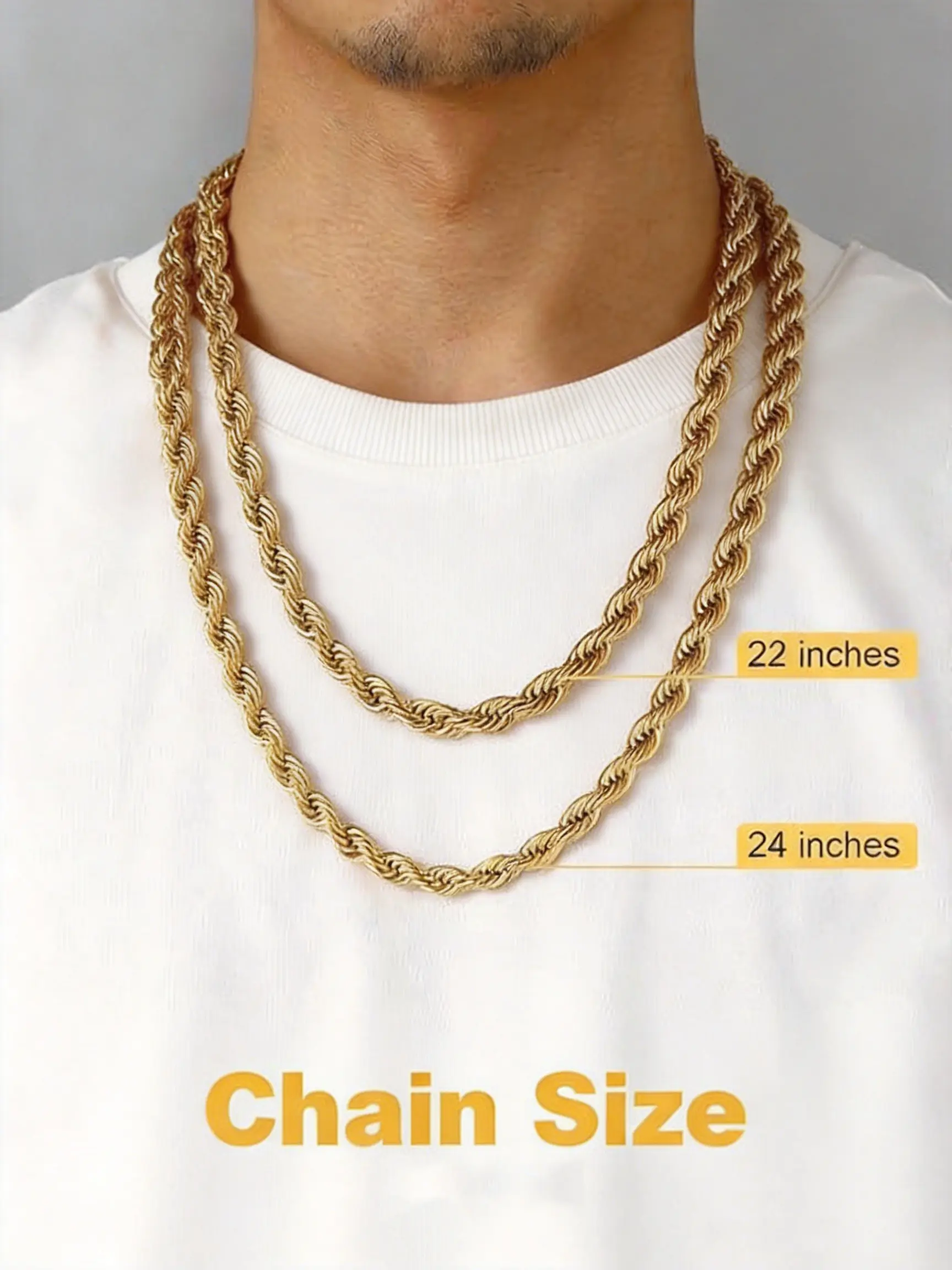 2-Pack 18K gold-plated cord chain necklace, 24 inches long, 6mm/8mm wide, faceted design, security clasp, unisex, ideal gift for men and fashion enthusiasts.