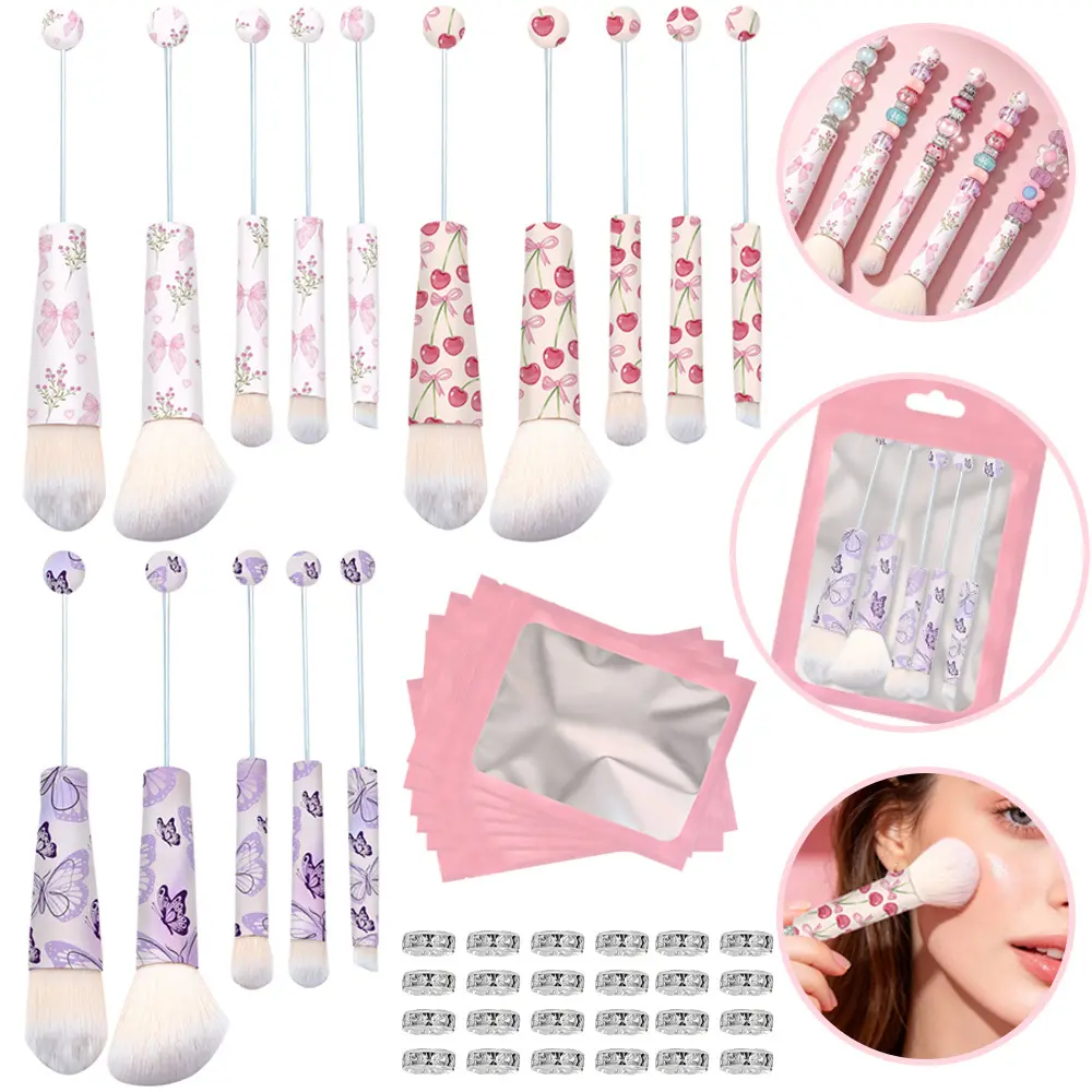 35/53pcs Beadable Handle Makeup Brush Set, Pink Bow, Cherry & Purple Butterfly Print Design, Beauty Tool Kit with Powder Puff, Blush Brush & Angled Eyeshadow Brush, Includes DIY Bead Accessories & Gift Bag, Gift for Women, Friends & Mother's Day summerwin