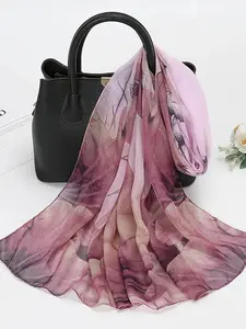 Lotus Print Chiffon Scarf, Elegant Lightweight Neck Scarf for Women, Summer Sun Protection Silk Shawl, Floral Pattern, All Seasons