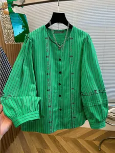 Women's Casual Long Sleeve Top, Round Neck Lantern Sleeves Striped Floral Pattern, Wrinkled Design, Perfect for Daily Commuting