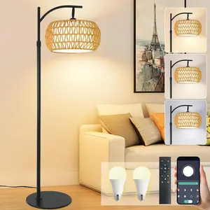 Boho Rattan Floor Lamp with Shade 12W Bright Dimmable LED Bulb Remote Control 3 Color Temperatures Modern Farmhouse Handwoven Arc Standing Light for Living Room Bedroom