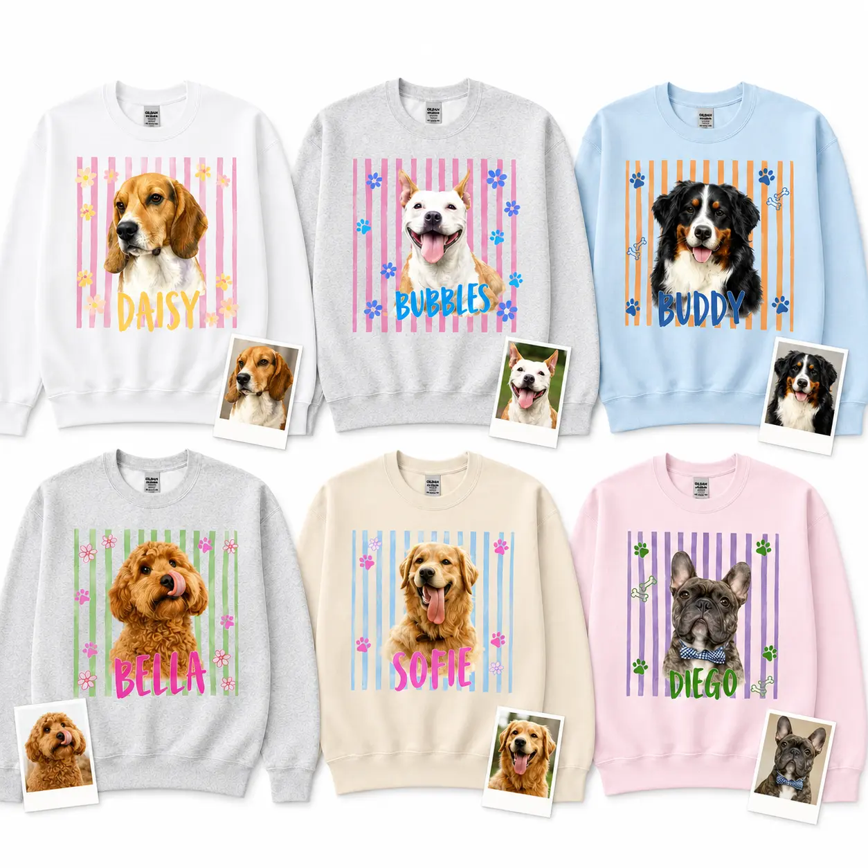 Custom Dog Photo Crewneck, Personalized Pet Portrait Sweatshirt, Colorful Striped Graphic, Pet Parent Keepsake