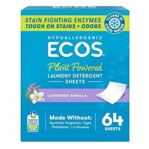 ECOS Laundry Detergent Sheets Vegan, No Plastic Jug, No Mess, Liquid Free - Hypoallergenic, Plant Powered Laundry Detergent Sheet - Lavender Vanilla - 64 Count (Pack of 1)