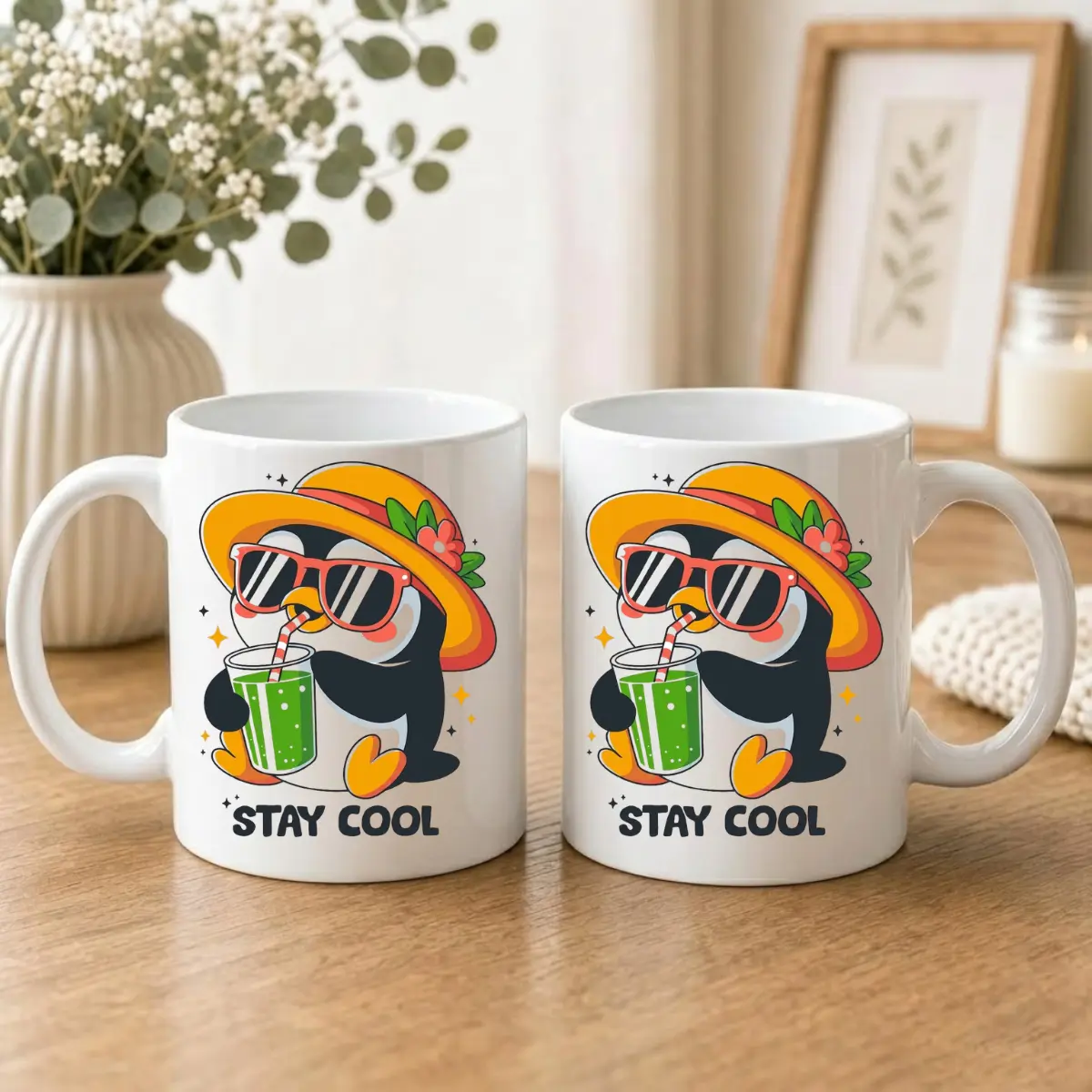 Stay Cool Cute Penguin Summer Ceramic Coffee Mug, Cute Penguin Straw Hat Sunglasses Mug, Tropical Summer Beach Penguin Ceramic Mug, Double Sided Print Mug, Summer Vacation Gift For Men And Women