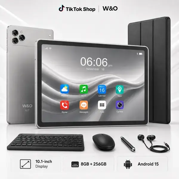 W&O 11 Inch Android 15 Tablet with Keyboard,  256GB Expandable Storage, 10000mAh Battery, 5G WiFi, Dual Camera, Mouse, Protective Case & Stylus, Tablet Bundle for School, Work, Travel & Entertainment