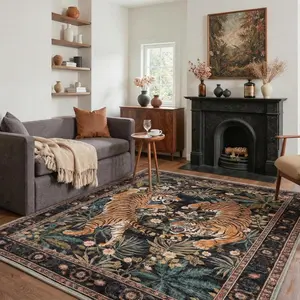 【Summervibes】GENIMO Tiger Print Area Rugs, Boho Vintage Oriental Living Room Rug, Non Slip Washable Rug Stain Resistant, Low Pile Thin Soft Animal Botanical Carpet for Bedroom, Dining Room, Office, Black
