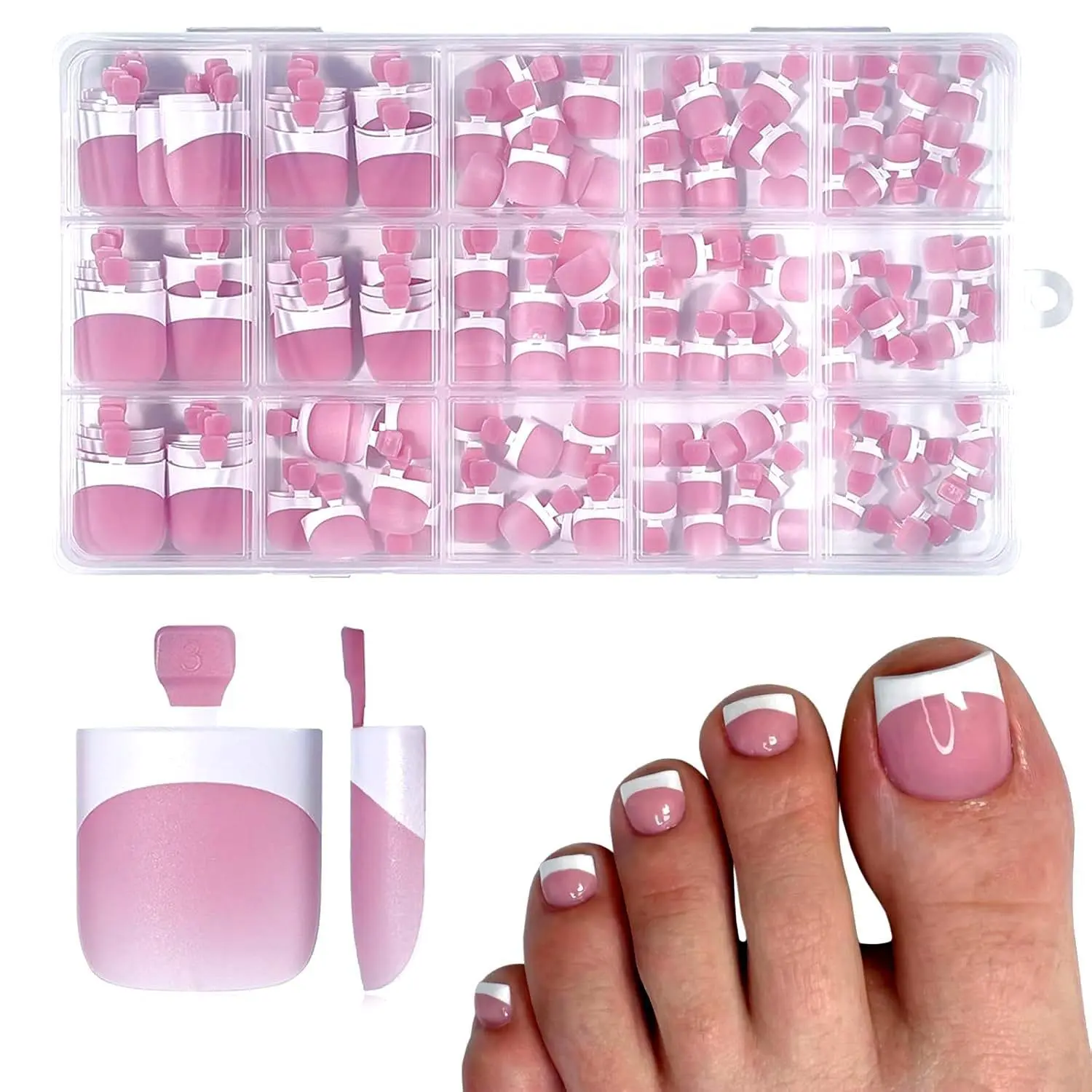 Summer Back to school Nail BERRY PINK and Colorful French Tip Toe Nail Press on Sharp Square – DIY Self-Adhesive Nail Wraps for Pedicure, Long-Lasting Manicure Decals, Berry Pink Full Cover Acrylic for DIY