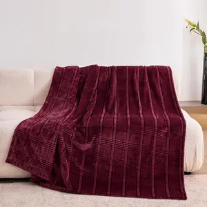 Super Soft Flannel Throw Blanket 50x60 Inches,  Checkered Jacquaed Silky Fleece Lightweight Bed Blanket  Season Use, Burgundy Strip, 50"x60"