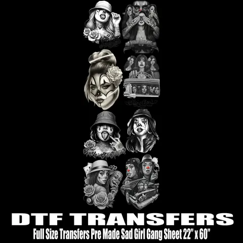 Size 8 Sad Girl Clown Lowrider Full DTF Transfers Gang Sheet - 22"x60" Heat Press Ready-to-Press, DTF Technology, Stretch-Durable, Vibrant Color, Crisp Details, Cotton-Poly Compatible, Same Day Shipping DIY Craft Supplies for Custom Clothing Businesses