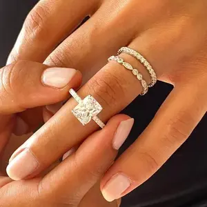 New Three-Piece Set Women's Diamond Ring Engagement Proposal Classic Square Diamond Jewelry Ring in Alloy Elegant Design Versatile Use Perfect Gift