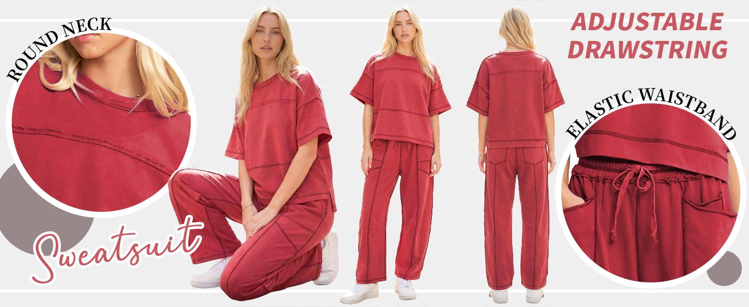 Hixiaohe Two-piece women's sportswear set Cropped T-shirt with square neckline Wide-leg pants with drawstring Sportswear for travel Casual wear