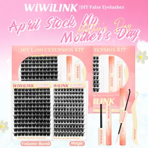 WiWiLINK Volume Bomb Magic 3D  Universal Lash Kit – Cluster Lashes in C/D Curl, DIY Lash Extension Set with Clusters (10-18mm, Includes Bond, Seal, and Remover) – Ultra-Thin Transparent Bands