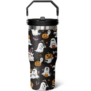 30 oz Insulated Stainless Steel Halloween Flip Tumbler Beverage Bottle - Stylish Gothic Coffee Mug with Transparent Lid, Witch-Themed Pumpkin Cup for Women, Kitchenware Drinkware Birthday Decor