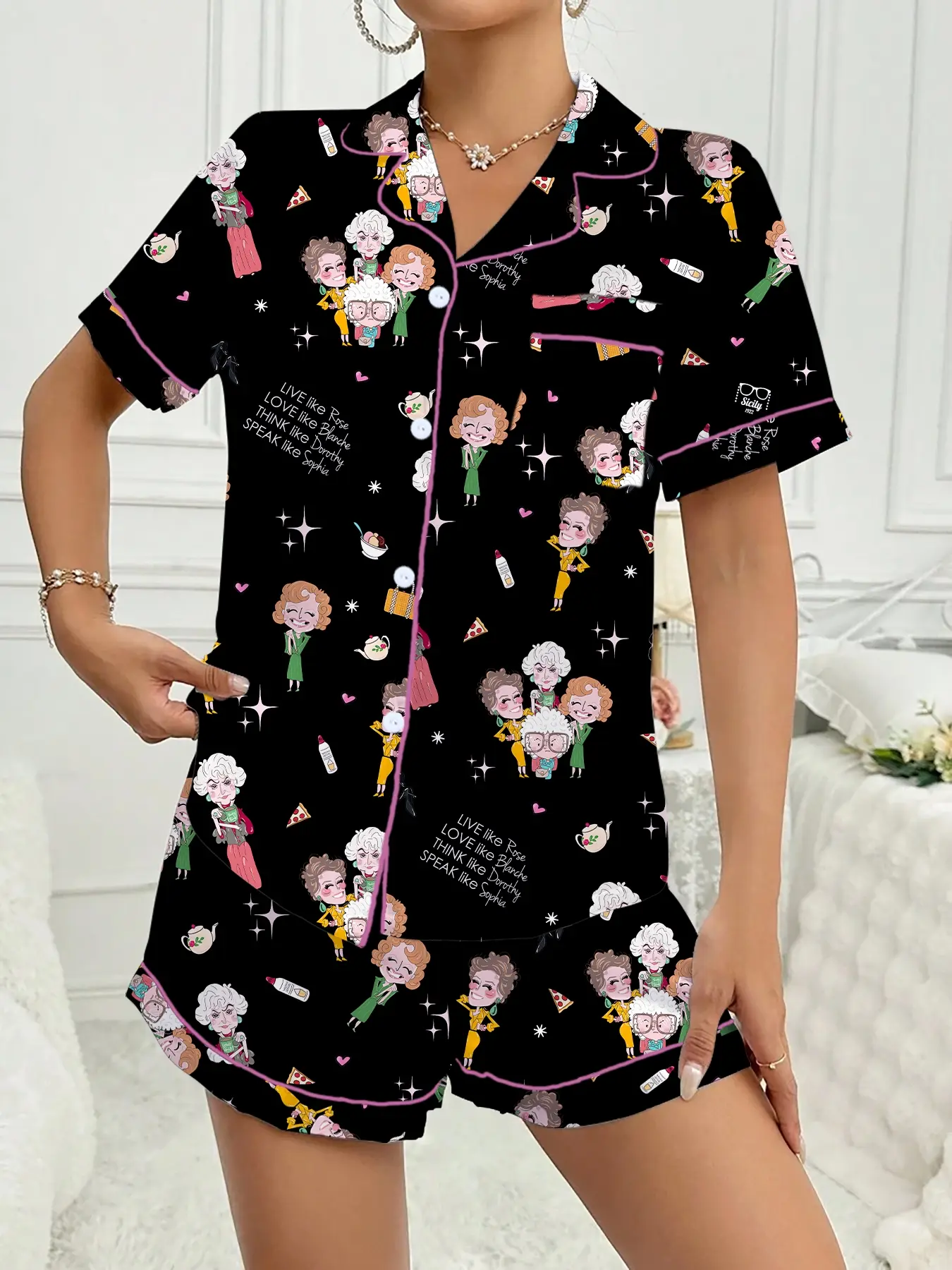 Golden Girls Character Print Pajama Set, Short Sleeve Lapel Top & Shorts, Comfortable Light Loungewear, Party Gift, All-Season Casual Style, Nightwear
