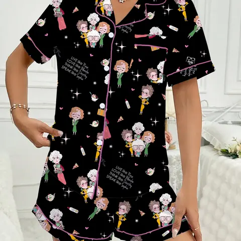Golden Girls Character Print's Pajama Set, Short Sleeve Lapel Top & Shorts, Comfortable Light Loungewear, Party Gift, All-Season Casual Style, Nightwear, Sleepwear Pajamas