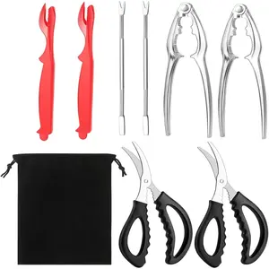 8 Pcs Seafood Tool Set,Crab Crackers and Tools,Crab Leg Cracker Tool,2 Crab Leg Crackers, 2 Stainless Steel Crab Forks, 2 Lobster Shellers, 2 Crab Scissors and 1 Storage Bag