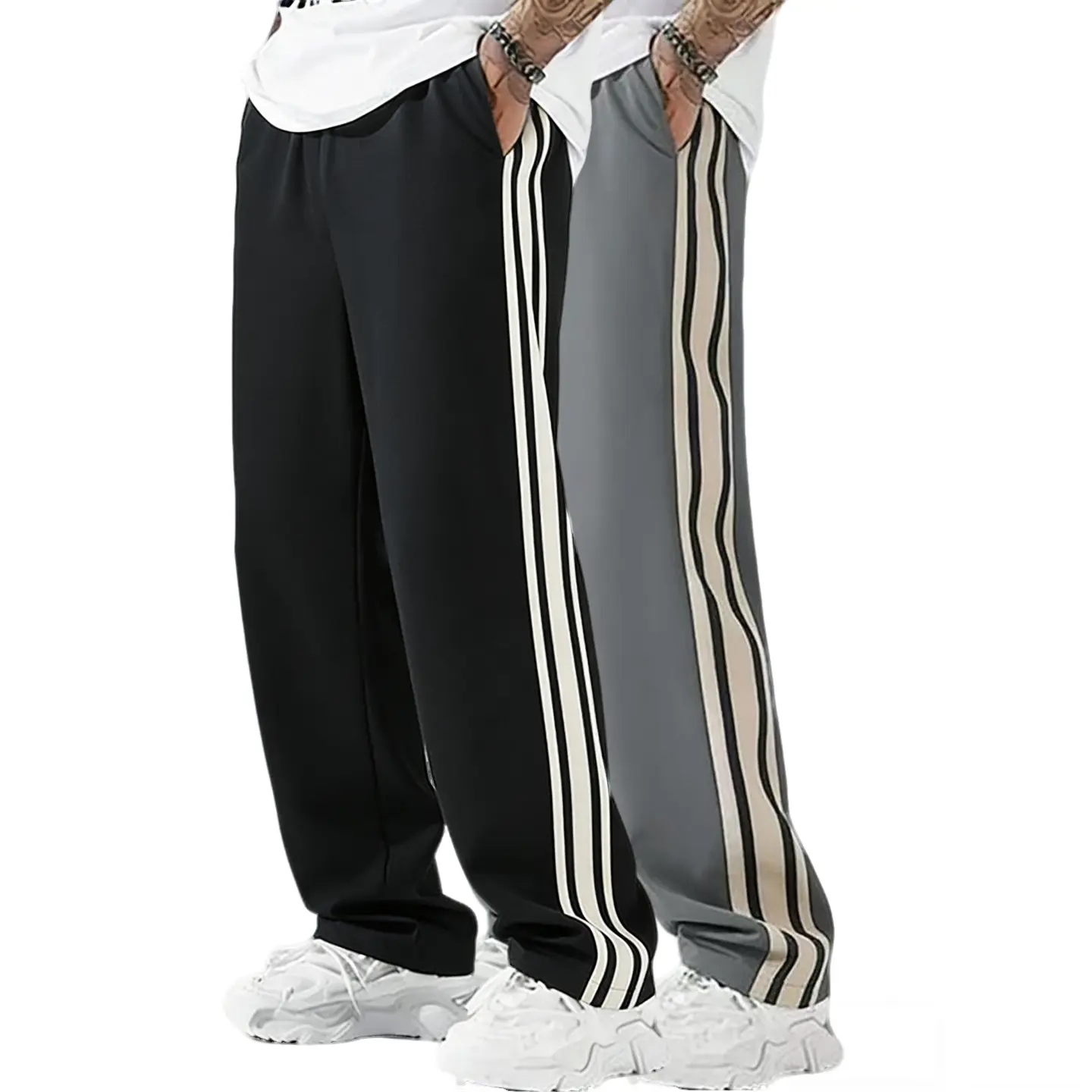 Men’s Black Side Stripes Athletic Pants, Drawstring Straight-Leg Stretch Fabric Activewear, Yoga Workout Athleisure-Ready Sweatpants, Casual Gym Wear with Side Stripes Add Sporty Edge, Yoga Workout Activewear, Black Side Stripes Men's Pants