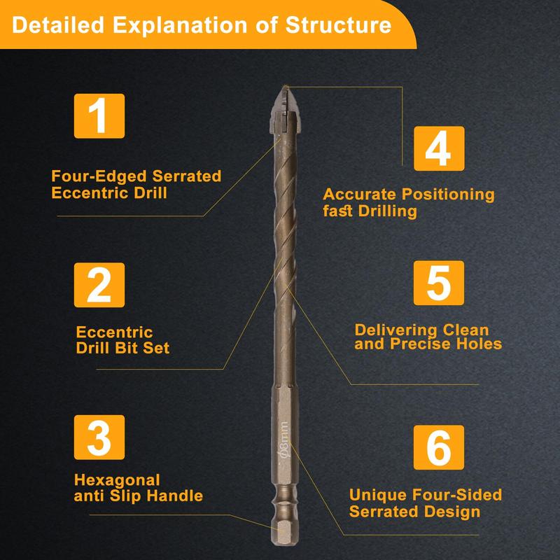 7PCS High-hardness Sawtooth Eccentric Drill Bit Set, Power Metal-Tool Accessories for Tile, Ceramic, Glass, Marble, Concrete, Stainless Steel, Hardware, Heavy Duty Tool Accessories, Ceramic Drill Bits