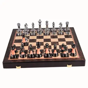 17 Inch Luxury Metal Chess Set, Folding Wooden Board with Weighted Silver & Black Gold Accent Pieces, Professional Tournament Chess Game for Adults, Handcrafted Premium Chess Set with Storage, Elegant Home Decor & Perfect Gift for Chess Enthusiasts