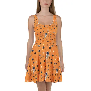 Orange You on Fire? Houston Baseball Women's Casual Sleeveless Skater Dress - Vibrant Orange & Navy Astronaut Print, Elastic Waist, Flared Skirt, Fit & Flare Style