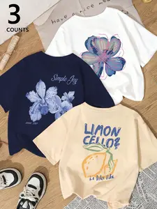 Women's 3-Pack Trendy Oversized T-shirts, Vintage Floral & Lemon Print Tops, Comfortable & Versatile Tees, Ideal for Summer Daily Wear