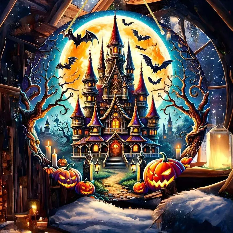 5D DIY Full Rhinestone Round Diamond Painting - Diamond Art Kit Castle, Pumpkin, Bat. Mosaic, Canvas - DIY Home Decoration Painting, Wall Art, Perfect for Valentine's Day, Independence Day, Birthday, and Anniversary Gifts.