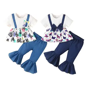 Ready Stock 6m-3y Baby Girls Clothes Butterfly Print Fake Two Pieces Ruffle Tops Bell-bottomed Pants Set 2Pcs Outfit XP24111503/XP24111504 Shirt Shorts