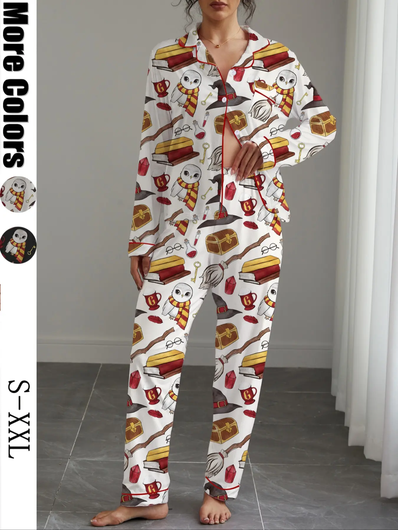 Women's Magic Print Pajama Set Loungewear, Soft Elastic Fabric, Long Sleeve Shirt Collar Top & Loose Pants, Perfect for Home & Outdoor Wear