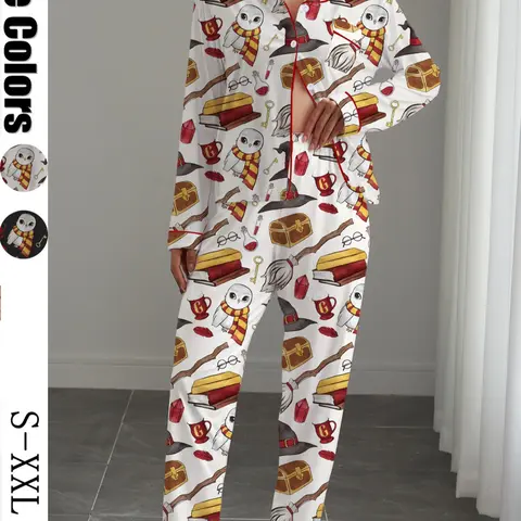 Women's Magic Print Pajama Set Loungewear, Soft Elastic Fabric, Long Sleeve Shirt Collar Top & Loose Pants, Perfect for Home & Outdoor Wear