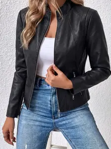 New Stand Collar Leather Jacket for Women, Slim Fit Short PU Coat, Elegant Plain Style, All Seasons Commute Top, Spring Autumn Wear