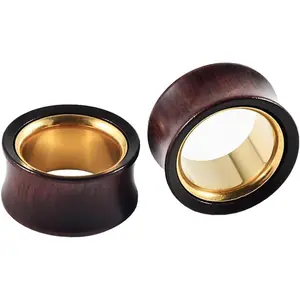 2PCS Hollow Gold Stainless Steel/Sandalwood Two Tone Ear Tunnels Plugs Double Flared Expander Ear Gauges Stretched Piercing Body Jewelry