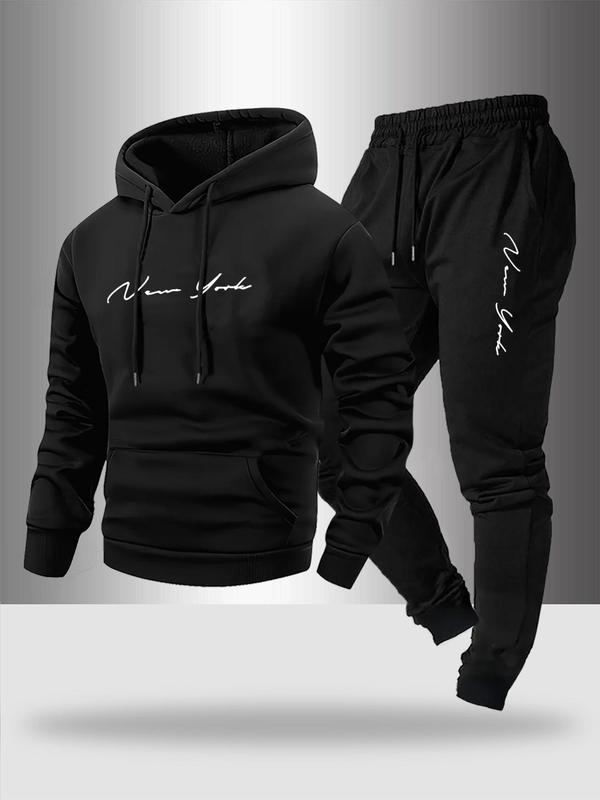 Men's Fall Winter Casual Sportswear Set, Sweatsuit with Pockets, Fashion Artistic Letter Print Hoodie & Drawstring Pants, Comfortable Warm Two-Piece
