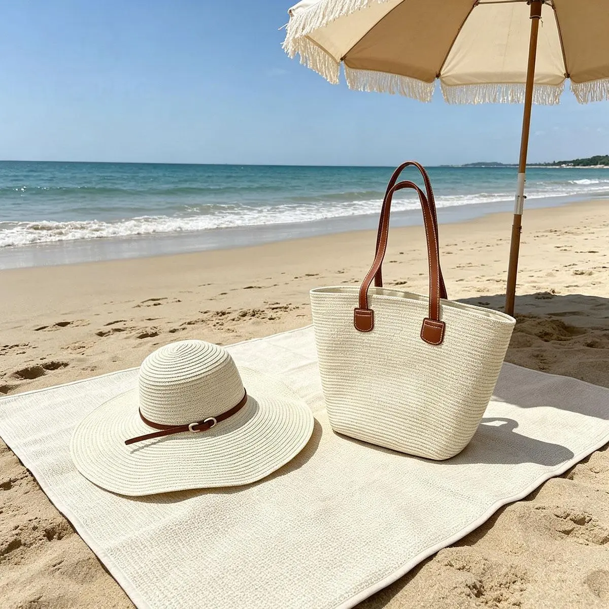 Female 2-Piece Boho Woven Straw Beach Bag Set, Large Carry All Tote and Matching Wide Brim Sun Hat for Summer Travel, Boho Straw Bag, Matched Tote+Hat, Fits Towel+Sun, Casual Outings, Roomy Beach Tote, Bags tiktokshopbacktoschool