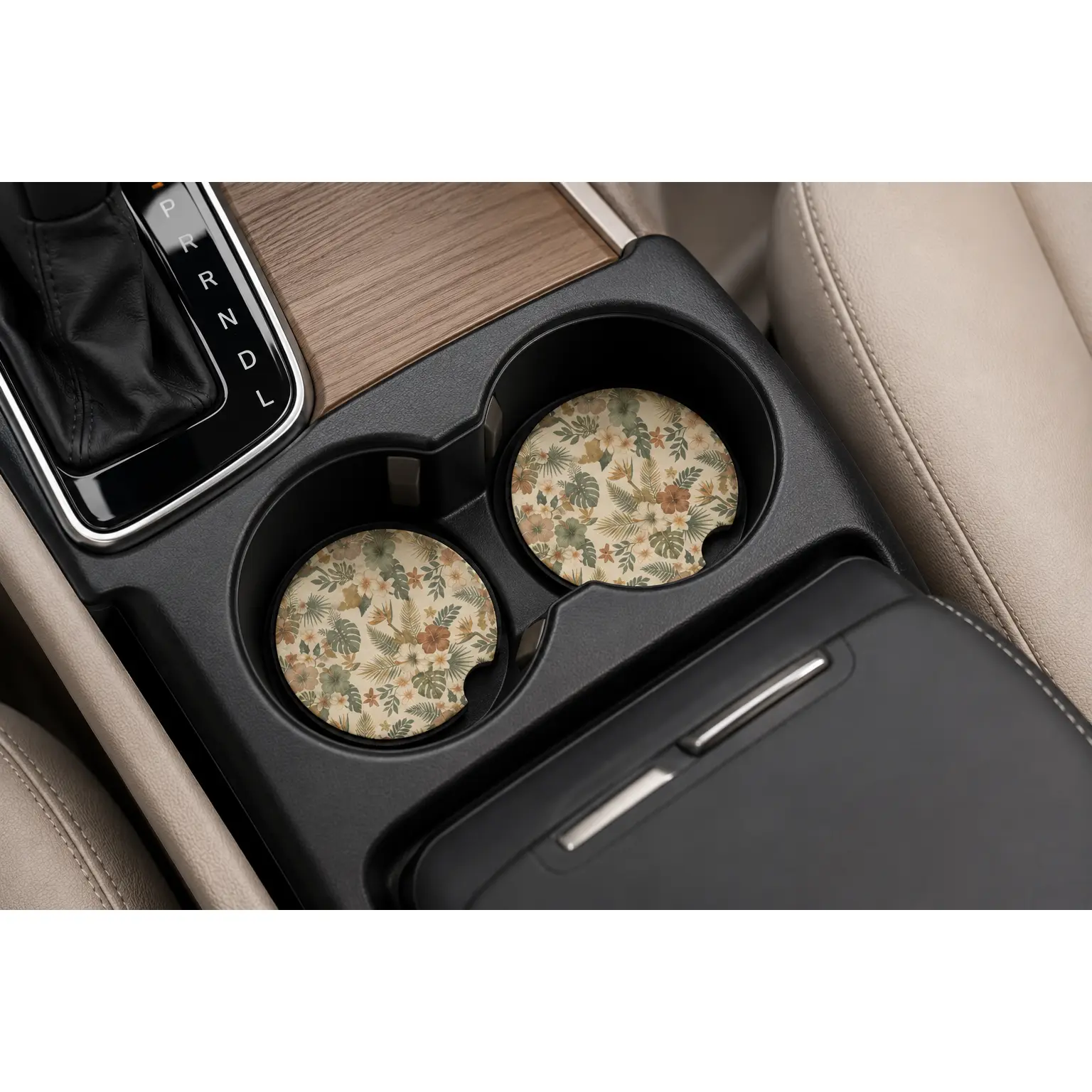 Tropical Floral Soapstone Car Coaster | Hibiscus Palm Leaves