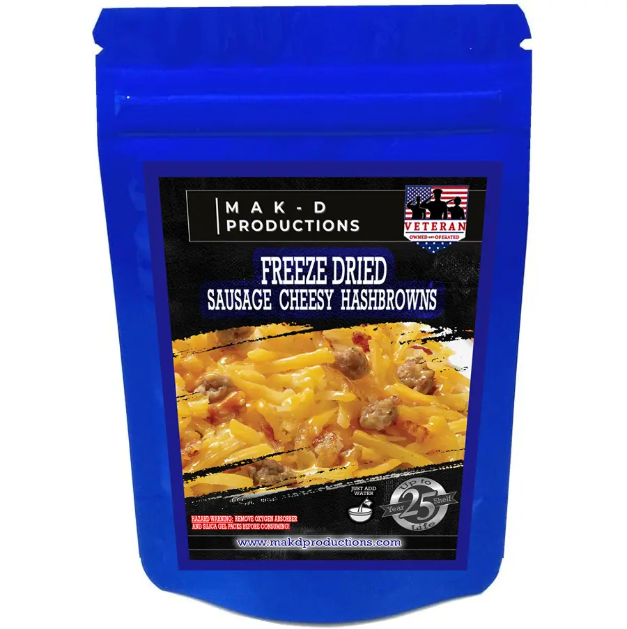 MAK D Productions Freeze Dried Meal - Breakfast - Pork - Sausage Cheesy Hashbrowns - Gourmet Recipes by a Sullivan University (Louisville, Kentucky) Culinary Chef Graduate - NEVER BLAND TASTING - MADE IN THE USA