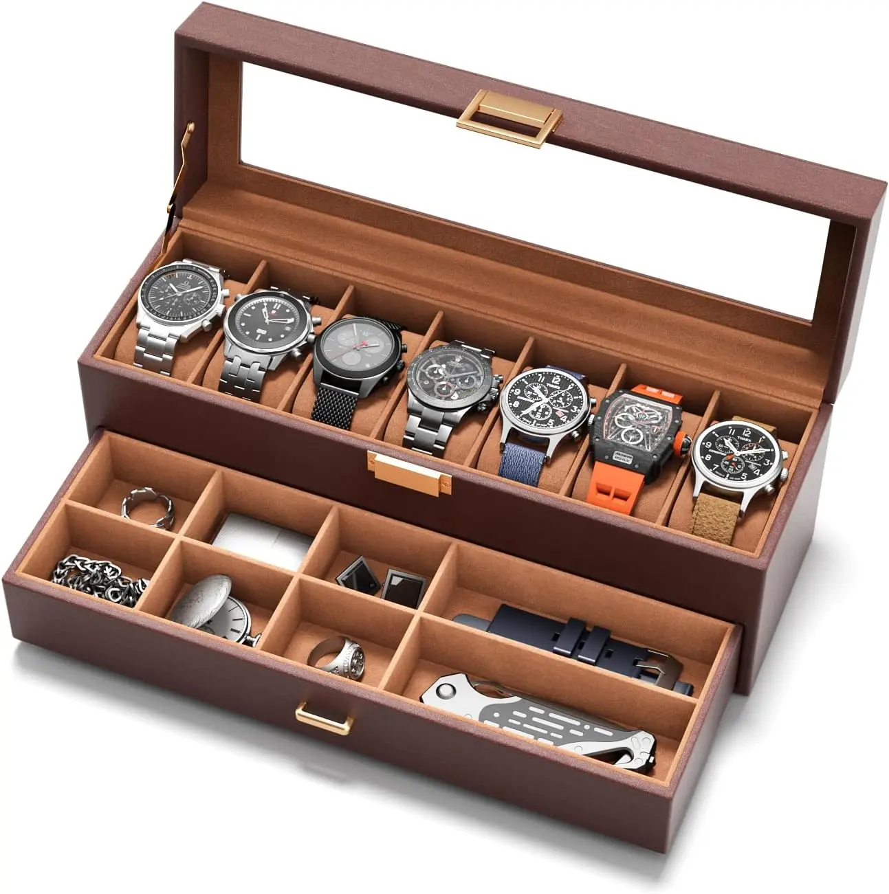 Men's Plain PU Leather 7-Slot 2-Layer Watch Case Organizer - Real-Glass Display, Jewelry Drawer Compartment, Stylish Functional Storage Holder for Gifting to Loved Ones (Brown)