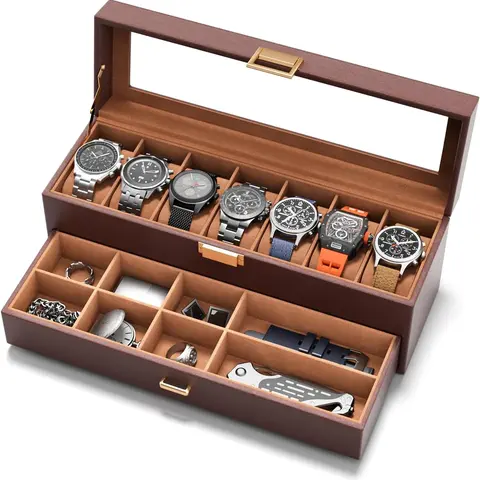 Men's Fashion Stylish and Functional Rectangular Plain PU Leather 7-Slot 2-Layer Watch Case Organizer - Real-Glass Compartment, Jewelry Drawer, Birthday Gift Box for Loved Ones (Brown)