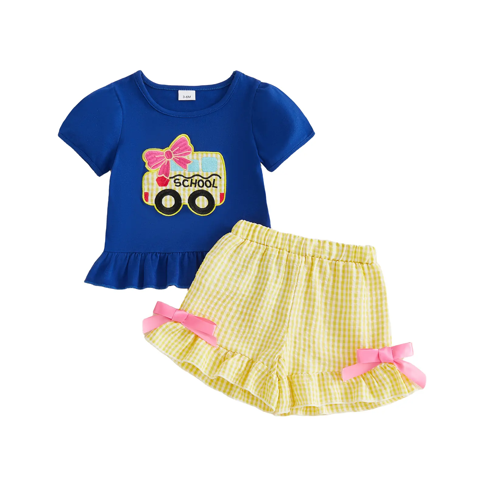 Toddler Baby Little Girls Back to School Outfits Short Sleeve School Bus Embroidery Tops and Shorts Set Clothes 1-6 Years