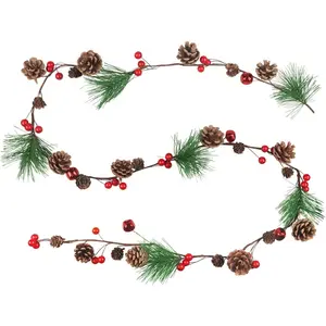 6.6FT Pine Cedar Garland with Pine Cones, Red Berry Bells - Christmas Decor for Mantle, Tree, Stairs, Railing, Door - Indoor/Outdoor