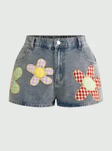 Fairycore Plus Size Cute Holiday Floral Embroidered Casual Skinny Denim Super Shorts