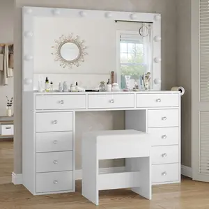 FUSOU 47"W 11 Drawer Vanity Desk with Power Outlet, Vanity Table with Chair, 3 Lighting Modes,Dressing Room, Makeup Vanity with Mirror and 12 LED Lights