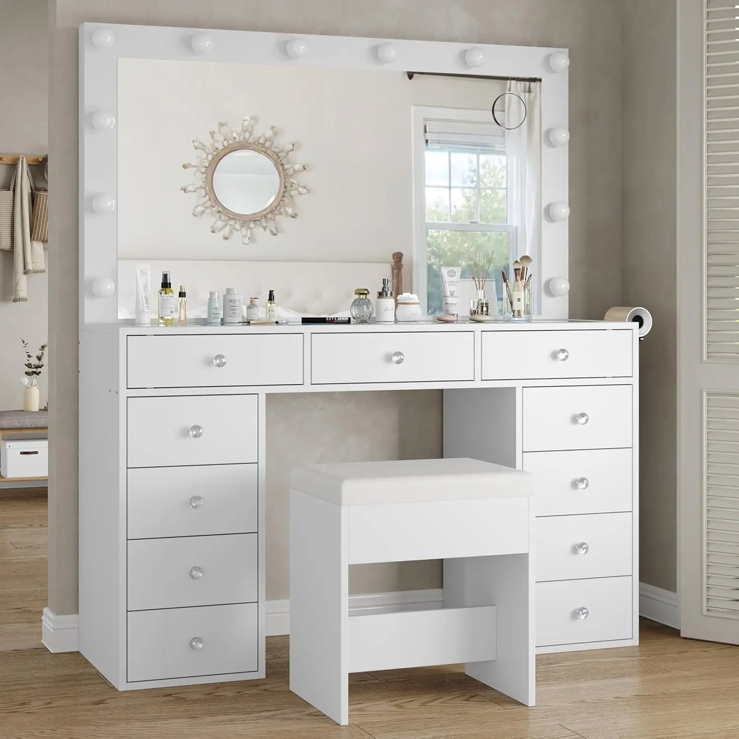 [LIVE ONLY] FUSOU 47"W 11 Drawer Vanity Desk with Power Outlet, Vanity Table with Chair, 3 Lighting Modes,Dressing Room, Makeup Vanity with Mirror and