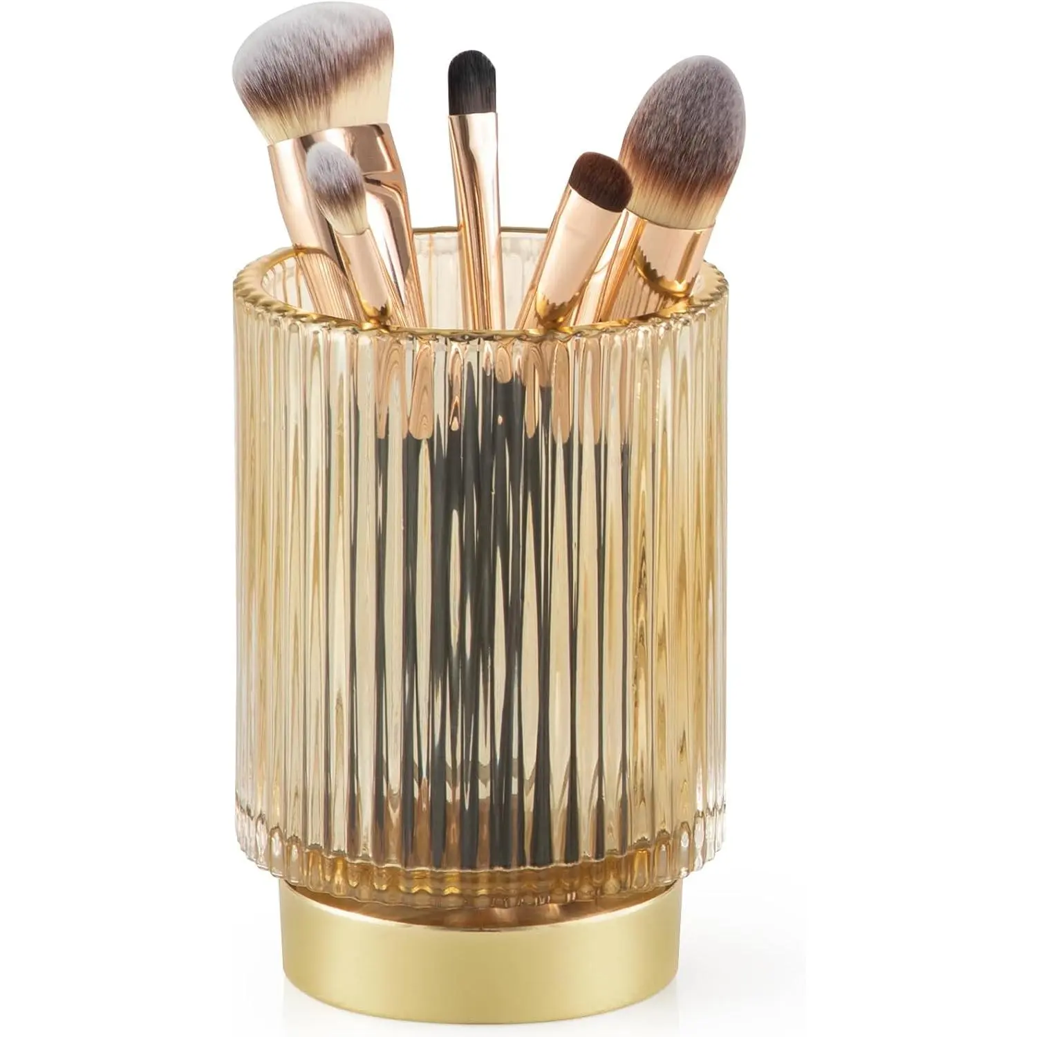 Amber L Striped Organic Glass Makeup Organiser - 3.4"diameter*5.1"h Round Cylinder, Durable Space Saver Vanity/Bathroom Countertop Holder for Daughter, Stores Eyeliner, Beauty Products, Flowers