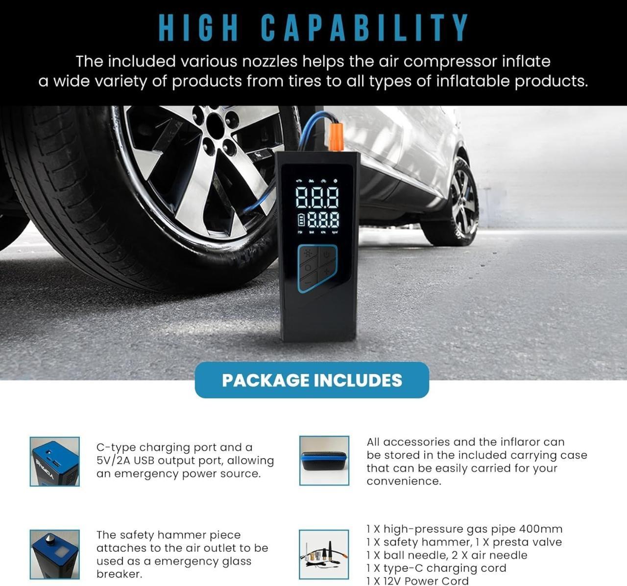 Premium Portable Tire Inflator for Car, 150 PSI Wheel & Tire Air Compressor and Inflator with Battery, Fast Electric Digital Tire Pressure Pump Gauge for Vehicle, Car, Bike & Motorcycle Tires